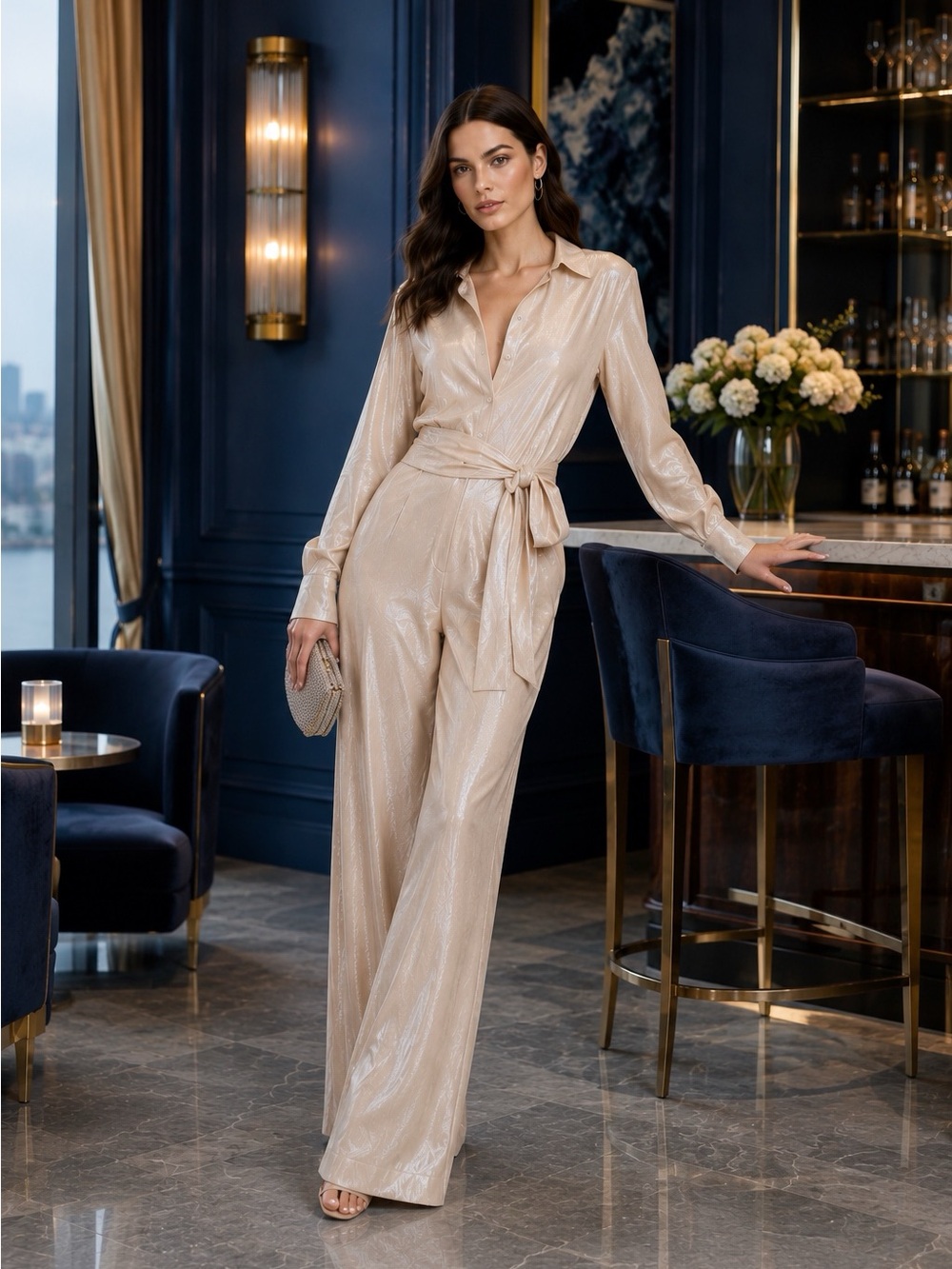 NWT STAUD Joni Sequin Wide-Leg Belted Jumpsuit in Buff (Champagne) Size S